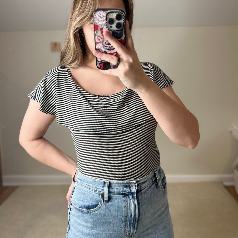Design Lab: Black and White Stripe Off-the-Shoulder Bodysuit